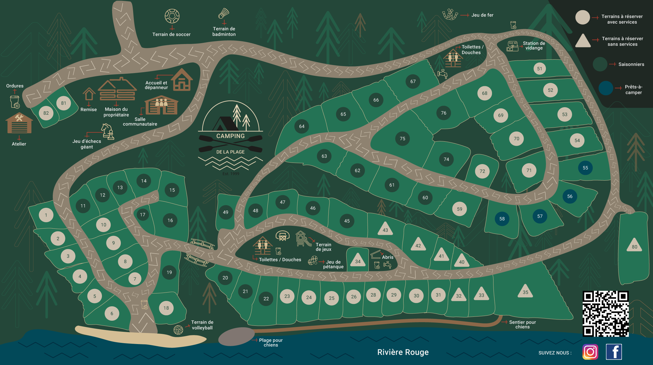 Camping, plage, rivière rouge